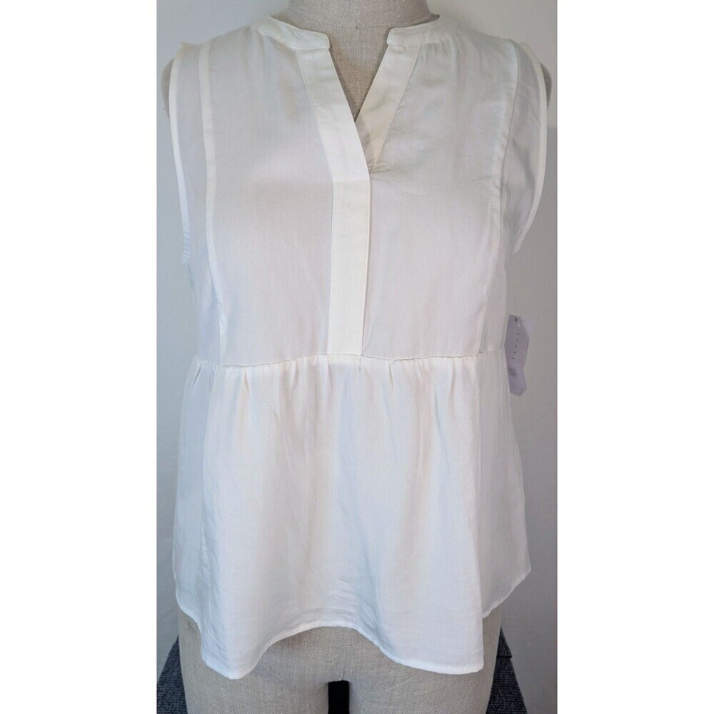 Fever White Lyocell Sleeveless Peplum Top V-Neck Split Collar Petite Large PL